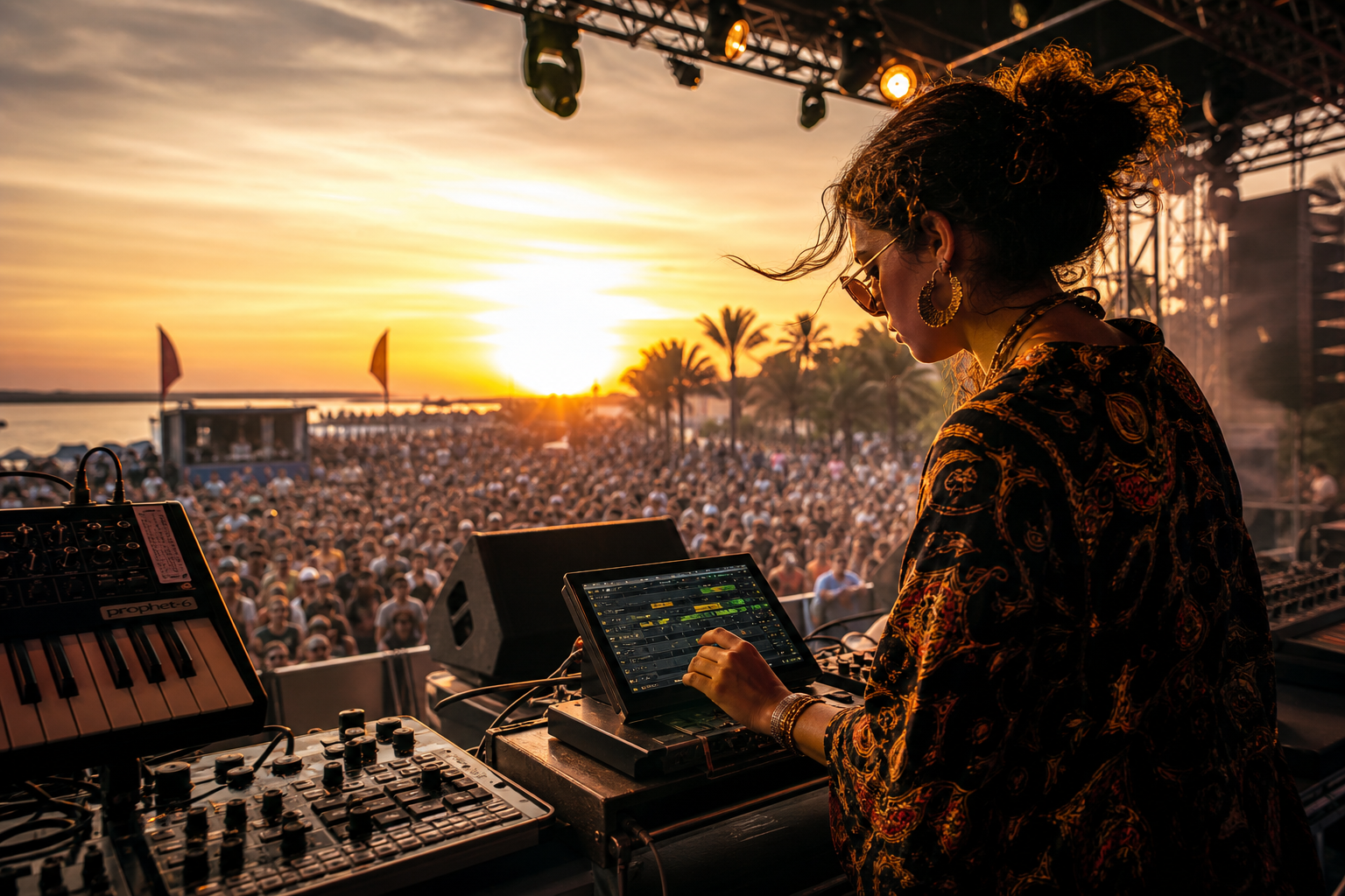 Live electronic musician performing on stage with NeoDeck