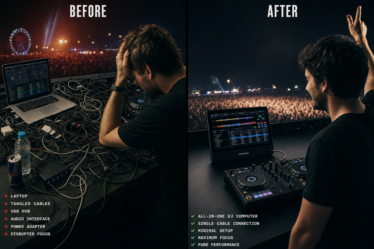 Before and after: laptop chaos vs. clean NeoDeck setup